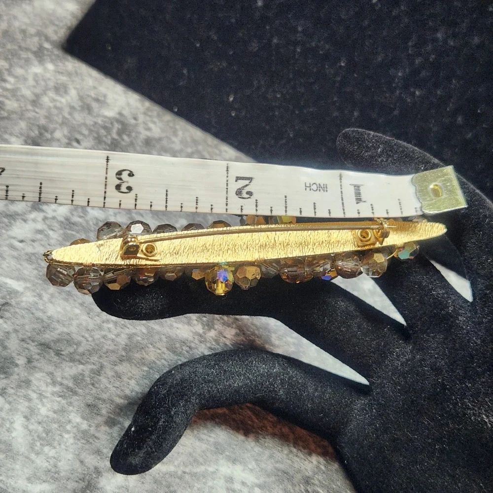 Vintage Amber AB Crystal Bead Bar Brooch Gold Tone Iridescent Cluster Pin